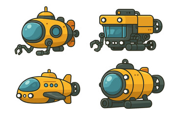 Obraz premium Collection of cartoon underwater exploration vehicles. Set of yellow submarines, bathyscaphes, and ROVs for marine research and deep ocean discovery. Vector illustration.
