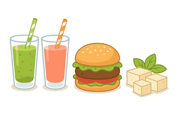 Healthy food collection with plant-based burger, tofu, and smoothies. Cartoon vector icon set for vegan diet, organic meal, nutrition, and healthy lifestyle concepts. Isolated.