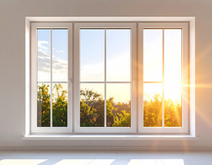 White window frame with view of trees and sky at sunset or sunrise light