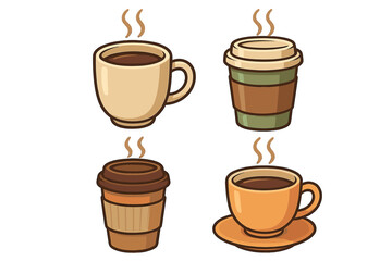 Coffee cup and mug collection. Vector illustration set of hot drinks like latte, cappuccino. Takeaway paper cups and ceramic mug icons for cafe menu. Cartoon beverage design.