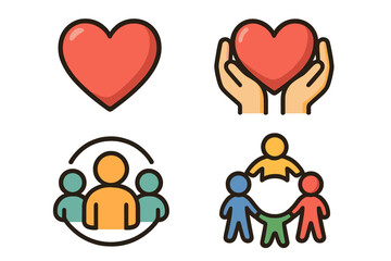 Heart and community icon set. Symbols of care, connection, support, and inclusivity. Vector for charity, social work, teamwork, and unity. People holding hands logo.