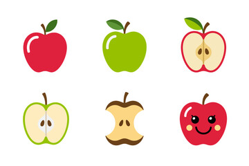 Fresh apple vector illustrations, red and green varieties, whole and halved slices, smiling fruit icons, healthy snack graphics