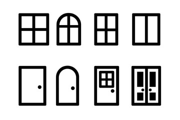Window and door line icon set. Minimalist home design elements. Simple silhouette collection of various architectural frames, entrances, and exits. Vector graphic illustration.