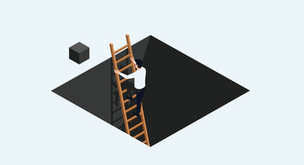 Fototapeta premium Determined businessman climbs ladder out of dark pit towards success and opportunities