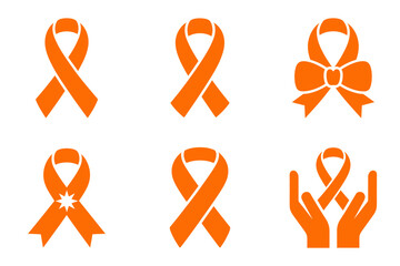 Symbolic orange ribbon vector illustrations, support unity icons, remembrance awareness signs, charity design set, solidarity hope graphics collection