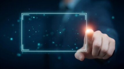 Human finger activating square button, interface interaction and technological control