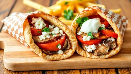 Delicious gyros with fresh tomatoes feta cheese and fries