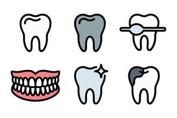 Tooth and dental care icons, oral health graphics, braces treatment illustrations, cavity prevention symbols, hygiene awareness design collection