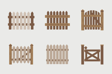 Classic wooden fence vector icons, rustic gates graphics, countryside border illustrations, garden enclosure elements, traditional outdoor design set