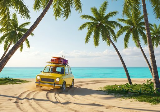 Fototapeta Retro Yellow Car on a Tropical Beach with Surfboards. Generative Ai