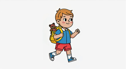 A cheerful boy with a backpack and teddy bear walking on a white background in a cartoon style image art