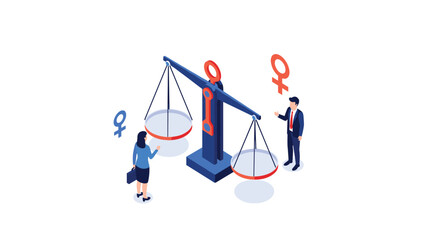 Achieve gender equality in business with balanced scales and diverse professionals collaborating