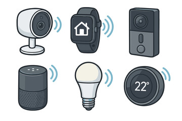 Various Smart Home Devices Showcasing Modern Technology for Enhanced Security, Comfort, and Automation in Residential Spaces, Vector Cartoon Illustration with Transparent Background