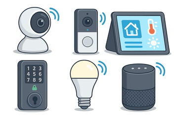 Various Smart Home Devices Showcasing Modern Technology for Enhanced Security, Automation, and Comfort in Residential Spaces, Vector Cartoon Illustration with Wireless Connectivity