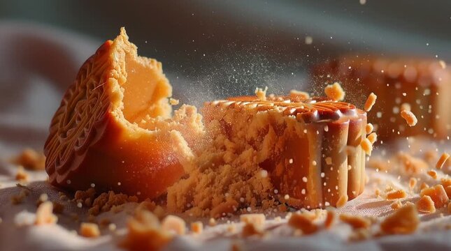 Warm golden mooncake in dramatic lighting with crumbs scattering capturing the essence of Mid Autumn Festival traditions
