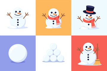 Playful snowman character illustrations, snowball pile and round snow spheres, winter fun elements, festive cold weather icons