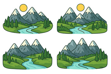 Serene Mountain Landscape Vector Illustration, Cartoon Style with Snowy Peaks, Flowing Rivers and Sunny Skies, Scenic Natural Views from Multiple Perspectives, Transparent Background