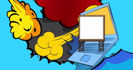 Cartoon Laptop, comic book Notebook with Billboard. Retro cartoon comics pop art animation. - Powered by Adobe