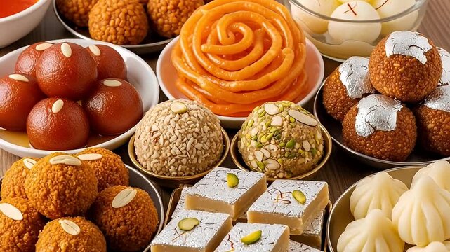 Assortment of Colorful Indian Sweets on Wooden Table Top View with Gulab Jamun Laddu Barfi and Other Confectioneries on Brown Background Close Up
