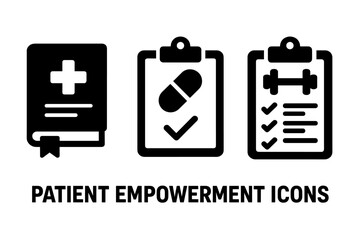 Solid Patient Empowerment Icons Set, Vector Vector Health Journal, Medication Schedule, Fitness Plan Checklist, Medical Tools, Health Management Symbols, Cartoon Style