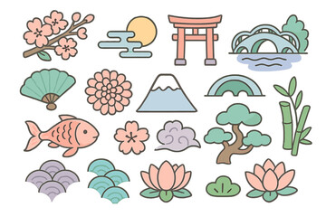 Japanese cultural elements set. Cute cartoon vector icons of Japan. Sakura, Fuji, torii gate, koi fish, bonsai, fan, lotus. Pastel color nature and traditional symbols.