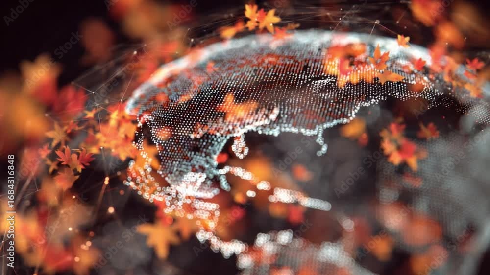 Aufkleber abstract representation of a global network with interconnected dots and autumn leaves falling aroun