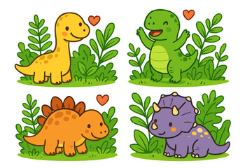 Cute cartoon dinosaur set. Kawaii baby dino characters collection. Happy T-Rex, Triceratops, Brontosaurus, Stegosaurus. Vector illustration for kids, nursery, stickers.