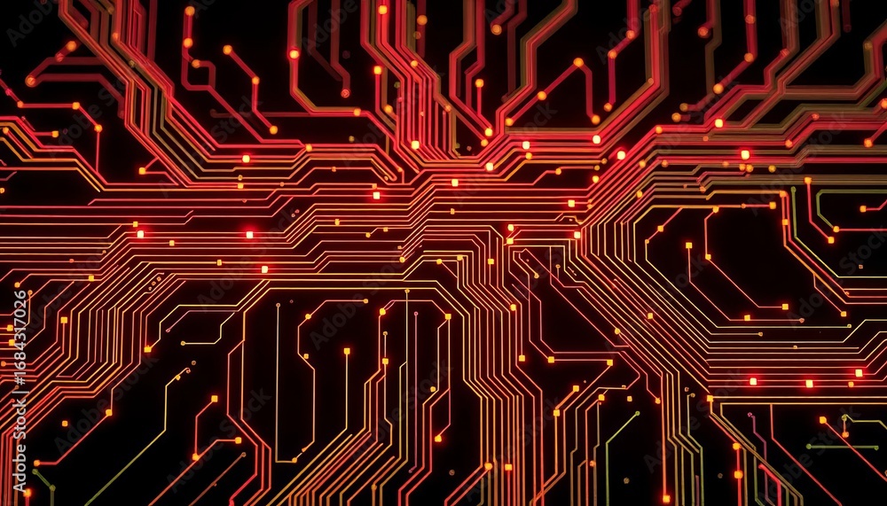Poster abstract circuit board pattern, glowing lines and nodes on dark background, connection, signal