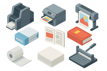 Isometric Printing and Publishing Icons Set – 3D Industrial Paper Processing Symbols Vector Cartoon Illustration with Transparent Background, Organized Graphic Design Elements