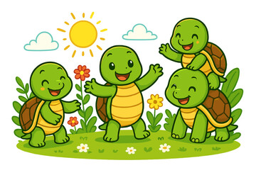 Obraz premium Cute cartoon turtle characters play together. Happy tortoise friends in nature. Cheerful reptile mascot family enjoying a sunny summer day. Kawaii animal friendship and joy concept.