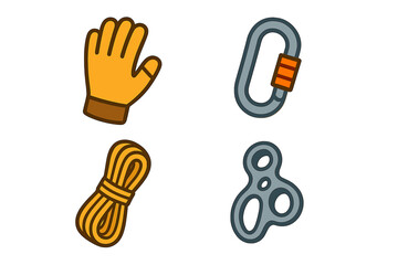 Isometric Flat Rock Climbing Gear Icons Set including Climbing Gloves, Carabiner, Rope, and Belay Device, Vector Cartoon Style Equipment for Outdoor Adventure and Safety