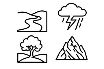Romantic Era outline icon set of landscapes featuring winding path, storm cloud with lightning, lonely tree in open field, rugged mountain peaks, vector cartoon illustration