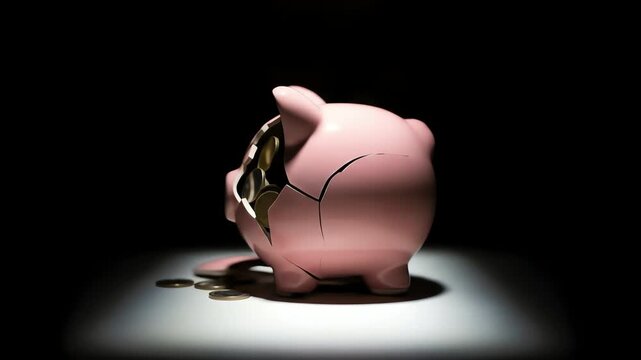 A shattered pink piggy bank filled with coins on a dark background