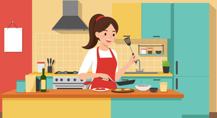 Woman Cooking in Kitchen with Red Apron.