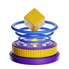 Yellow cube floating over purple and yellow platform with blue spiral on transparent background