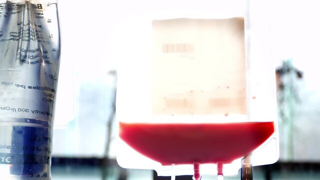 Stem Cell Donation Process on Apheresis Machine in Hospital. Life saving care, a bag of stem cells from the aphesis process during collection. Liquid in the bag vibrates as stem cells are collected.
