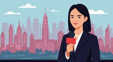 Female News Reporter Holding Microphone in City.