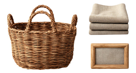 Obraz premium Woven Basket with Soft Blankets and Wooden Frame on Isolated Transparent Background