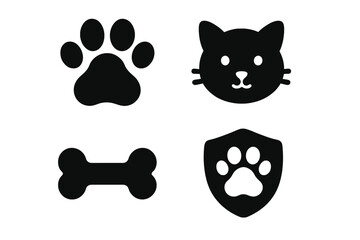 Solid Pet and Animal Icons Set Including Paw Prints, Dog Bone, and Cat Face Silhouettes, Vector Cartoon Style, Filled Black Shapes for Animal and Pet Care Design