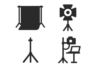 Studio Photography Icons Set, Solid Filled Vector Illustrations of Professional Photography Backdrop Frame, Spotlight, Tripod, C-Stand, Tethered Camera Setup, Cartoon Style