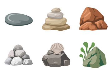 Stone and rock vector illustrations, balanced pebble stacks, natural boulders, coastal shells, decorative landscaping elements, spa relaxation concept, geology formations