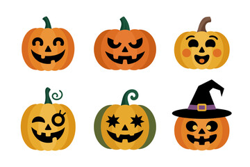 Halloween pumpkin faces vector illustrations, carved jack o lantern expressions, spooky smiling and scary mouths, witch hat accessories, festive decorations