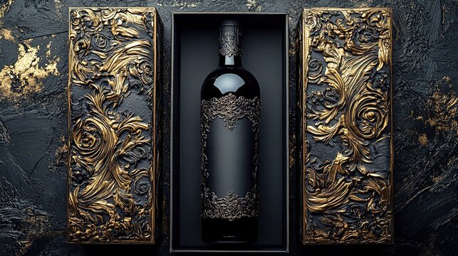Red wine bottle with decorative black body and label in black gift box with golden patterns against dark rough background with golden speckles