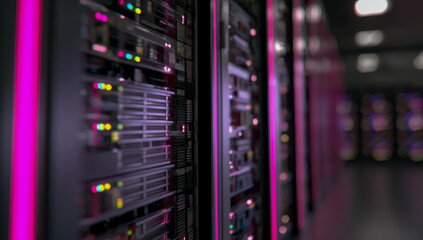 Rows of glowing pink server racks in a modern data center with a shallow depth of field