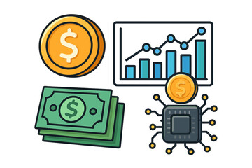 Fintech innovation and digital finance vector icon collection. Concepts of electronic money, investment growth chart, stock market analysis, and financial technology processor.
