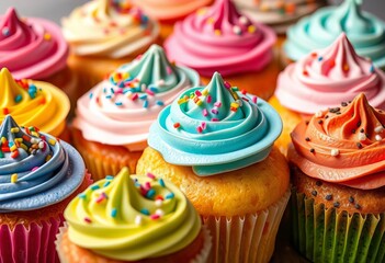 Assorted colorful cupcakes with various frostings and sprinkles,  celebration,  assortment