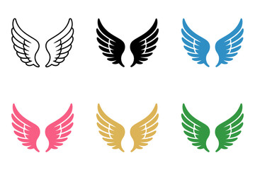 Colorful wing symbols pack, pink gold blue green feather icons, angelic emblem designs, spiritual and decorative motifs for creative projects