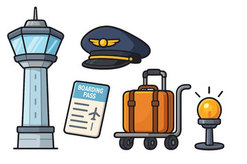 Vector set of air travel cartoon icons. Airport collection with control tower, pilot cap, boarding pass, luggage on a trolley cart. Aviation concept illustration isolated.