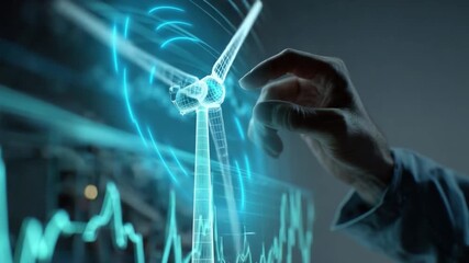 Hand of a person interacting with digital interface showing wind turbine and data analytics in renewable energy - Powered by Adobe