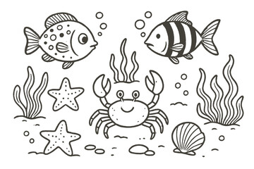 Underwater Sketch Featuring Various Sea Creatures Including Crab, Fish, Starfish, Shellfish, and Seaweed in Artistic Cartoon Style Vector Illustration with Transparent Background